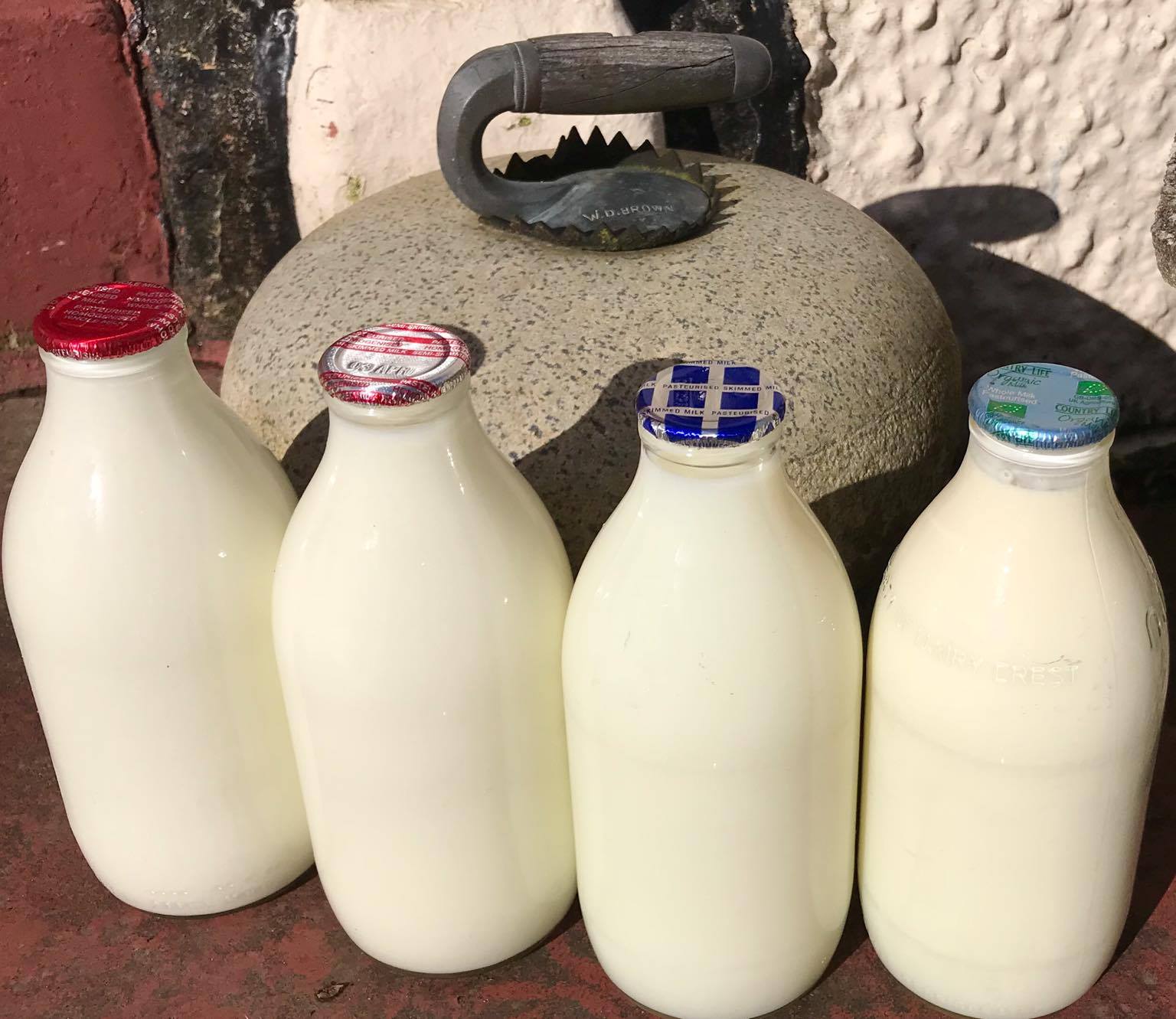 Four glass milk bottles on a Largs doorstep — semi-skimmed, whole, and organic — beside a stone weight stamped W. J. Brown